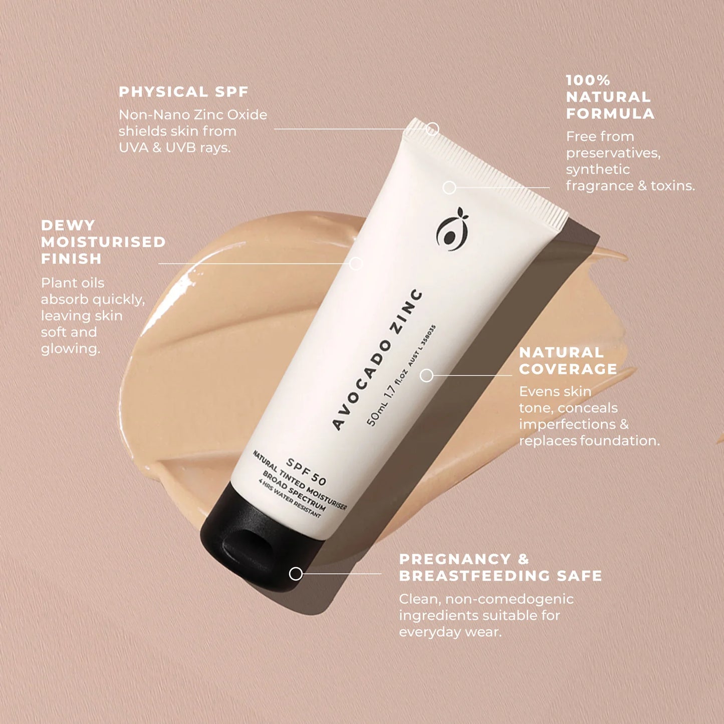 Avocado Zinc Sunscreen SPF 50 Natural Tinted